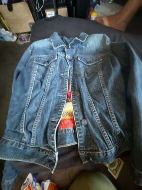 Gap Stretch Denim Trucker Jacket with Colorful Patterned Fleece Lining